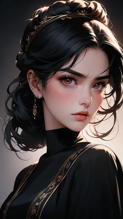 ((Masterpiece)), envision a 8k, highres, cinematic, extremely beautiful semi realistic close up portrait of a beautiful mature lady with a strong face, frown, mean face, slender body, ((hair in a bun)), ((long black hair)), long black nun dress, blush, ang...