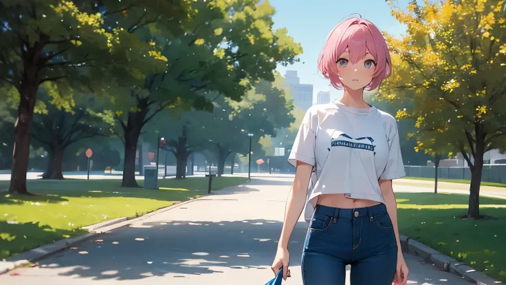 an 1 girl with short pink hair, honey colored eyes, He was wearing a white t-shirt with blue letters, and blue pants. She is standing in a park.