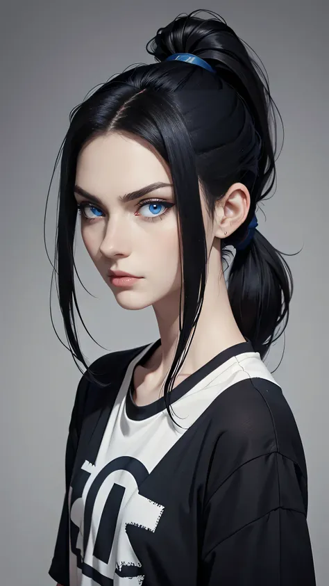 masterpiece, the best quality:1.4), Solo portrait, European, Blue eyes, black hair, long black hair, Ponytail, pale skin, casual clothes, serious eyes, 