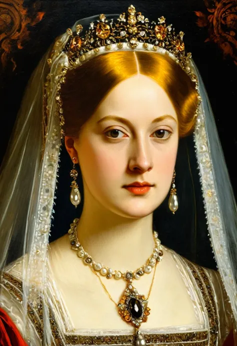 close up of painting of woman in veil, Renaissance style painting, portrait of the young empress, 1 7 th century duchess, portrait of a princess, renaissance oil painting, Portrait of the Renaissance, от Titianа, Titian], Portrait of the Queen, Victorian p...