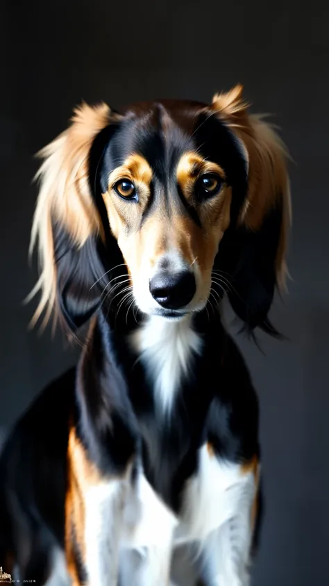 shy black and tan saluki, (epic, fantastic, dramatic lighting), (best angle), perfect eyes, gold eyes, portrait, solo, dark back...