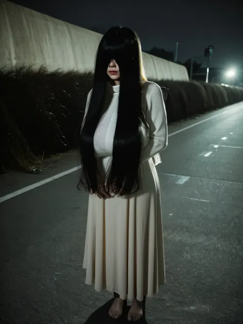 (masterpiece:1.1, Best Quality:1.1, 16K HDR, High resolution), (1girl in, Solo), professional lighting, cinematic lighting, RAW photo, Ultra-realistic & detailed portrait of Sadako Yamamura, the ring, Black hair, female ghost, (((((extremely Long hair, ext...