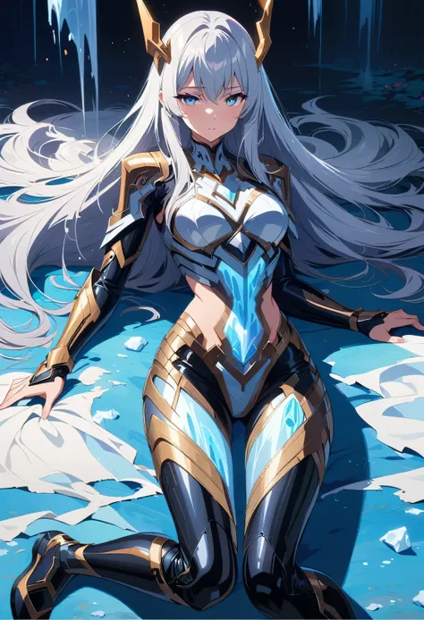 (masterpiece), (best quality), (ultra-detailed), ( 8K) , a dead anime girl wear a Crop Top Armor with shiny black metallic leggings, Frost Aura Body, Archon Power, Silver Frost Hair, Light Gray Eye, Perfect Body, with mechanical body, very detailed, seduct...