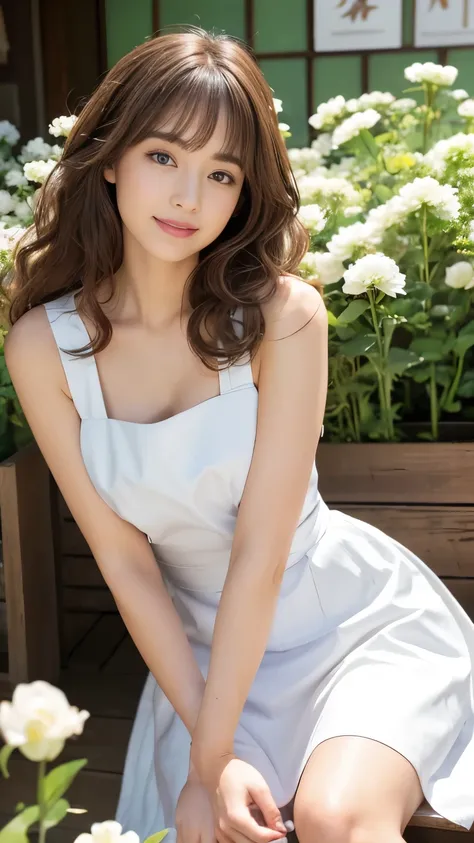 highest quality，masterpiece，超A high resolution，RAW Photos，One Girl，Loose perm hair、length、brown hair、Arms crossed、Japanese、Loose perm hair、length、brown hair、smile、Professional photography、Same skin type as humans、A woman dressed in Japan from head to toe、B...