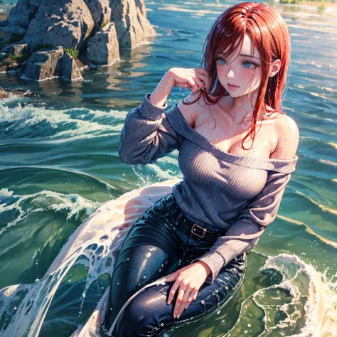 29 yo canadian woman standing in the water, layered clothing, (pullover), (off the shoulder), (cotton pants), bright clothes, glistening wet, closeup fantasy with water magic, beautiful maiden, curvy body, chilly, auburn hair, cold water pond, sunlight, sm...