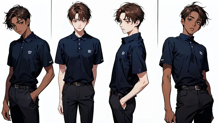 Kenta, 1boy, Shota, 12 yrs,male focus, short hair, dark brown hair, hazel eyes, dark skinned male, wearing a blue polo, short sleeves, long skinny pants, violet sneakers ((different angles)), (simple white background) 