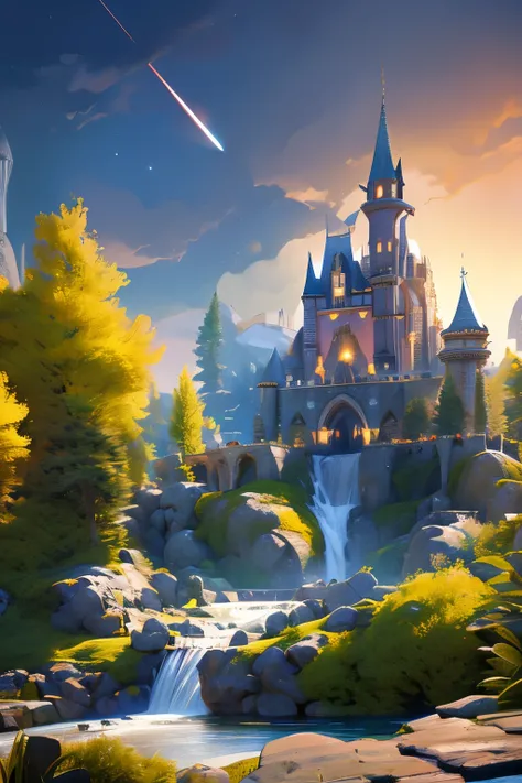 A majestic castle nestled beneath a gigantic waterfall, embedded in a monumental rocky formation. The castle is built of white marble with luxurious gold detailing, reflecting the soft ambient light. In the sky, large planets of different colors and textur...