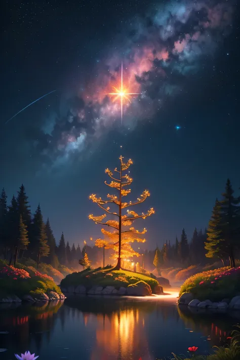 ((melhor qualidade)), ((obra-prima)), (detalhado), /imagine prompt: Viral anime nature wallpaper in 4K quality, in the style of Pixar 3D inspired by Coco, showing a lively forest clearing with colorful flowers, animated trees, and a crystal-clear pond refl...