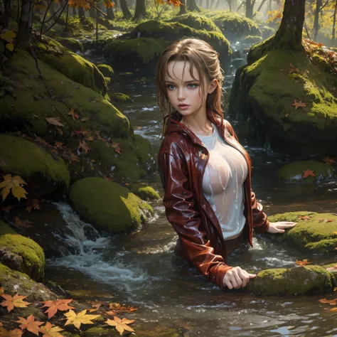 masterpiece, best quality, autumn outfit, colorful hair, outdoor,upper body, colorful autumnal clothes, ((fully clothed)), warm clothes, wet clothes, soaked, drenched, excited, wet hair, wet and slimy, water up to her chest, submerged, translucent, fantasy...