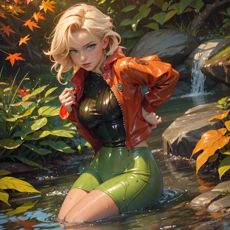 masterpiece, best quality, autumn outfit, colorful hair, outdoor,upper body, colorful autumnal clothes, ((fully clothed)), warm clothes, wet clothes, soaked, drenched, excited, wet hair, wet and slimy, water up to her chest, submerged, translucent, fantasy...