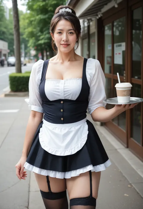 (Japanese, 4, Mature Woman, Japanese Mom), Alone, (White skin), Middle-aged body type, A little bit of fat in the lower abdomen, Muscular legs, Alone, (White skin, Oily skin), (Brown Hair, Decorated updo), Cowboy Shot, break, (((Wearing a maid outfit:1.6, ...