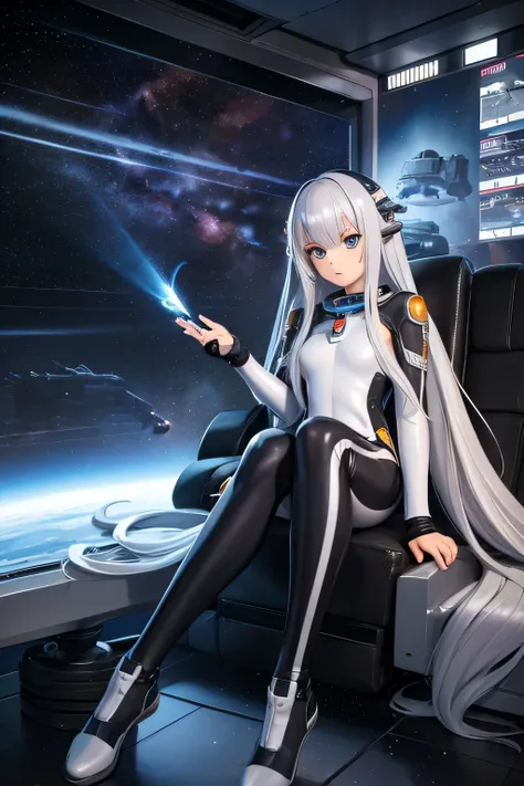 Perfect Anatomy　Best Quality,Highest Resolution,(((Space Suit　Silver Hair　Long Hair)))　unlimited routes　Space Opera　Spaceship　cockpit　cool