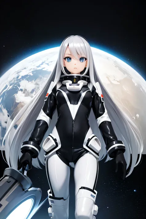 Perfect Anatomy　Best Quality,Highest Resolution,(((black and white space suit　Silver Hair　Long Hair)))　unlimited routes　Space Opera　Spaceship　cockpit　cool