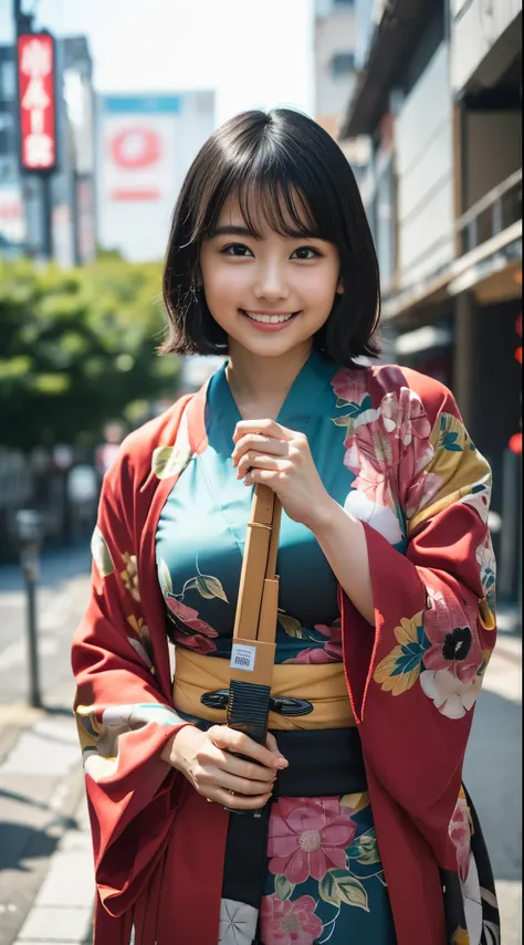 （8k、Raw photography、Best Quality、masterpiece：1.2),(Black Hair、Dark Eyes:1.9),(:1.7)、View your audience,Viewed from the front,(kimono:1.4)、(Tight waist:1.6)、(Clothes that accentuate the shape of the breasts:1.5)、(Big Breasts :1.6)、Slim figure、Ultra-high res...