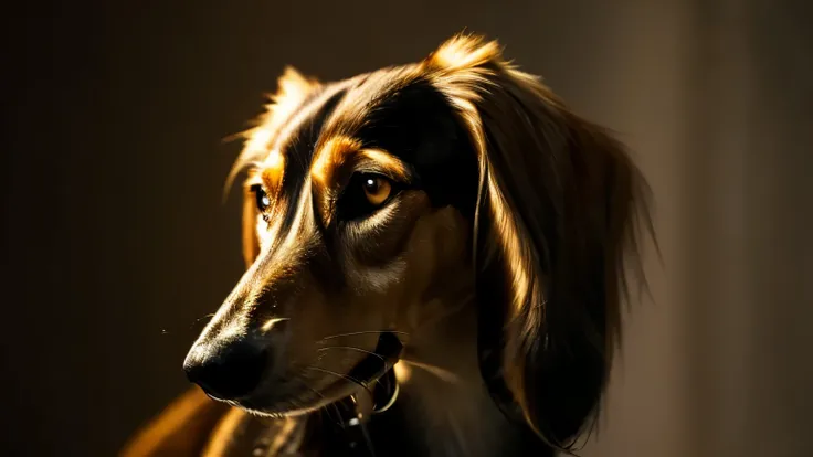 shy black and tan saluki, (epic, fantastic, dramatic lighting), (dramatic angle), perfect eyes, gold eyes, solo, dark background, blurred background, (masterpiece, best quality:1.2)