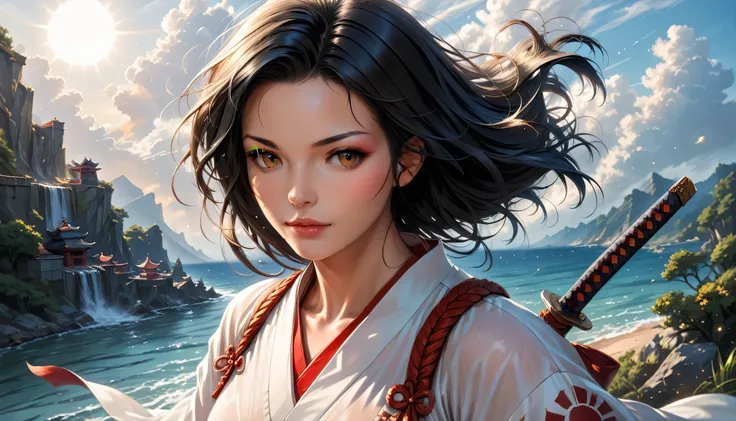 a picture of Japanese female samurai, she has long black hair, wearing samurai armor, armed with a katana, ready for battle, dynamic angle, the sun is setting down in the background, there is a Japanese fortress, Japanese fantasy art, (Masterpiece: 1.5), b...