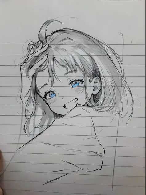 Manga girl, smile, gorgeous eyes, hand through hair, sketch, clean lineart and sketch, on a notebiok