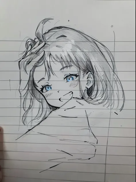 Manga girl, smile, gorgeous eyes, hand through hair, sketch, clean lineart and sketch, on a notebiok