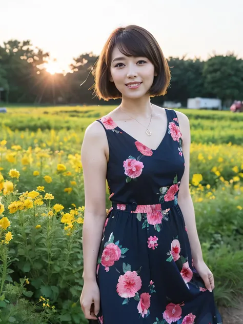 Best Quality, 8k,High resolution,High-quality photos、smile,(looking at viewer), solo, Beautiful woman,  Bobcut,Thin floral dress, In the flower field、Sunset,Pearl Jewelry