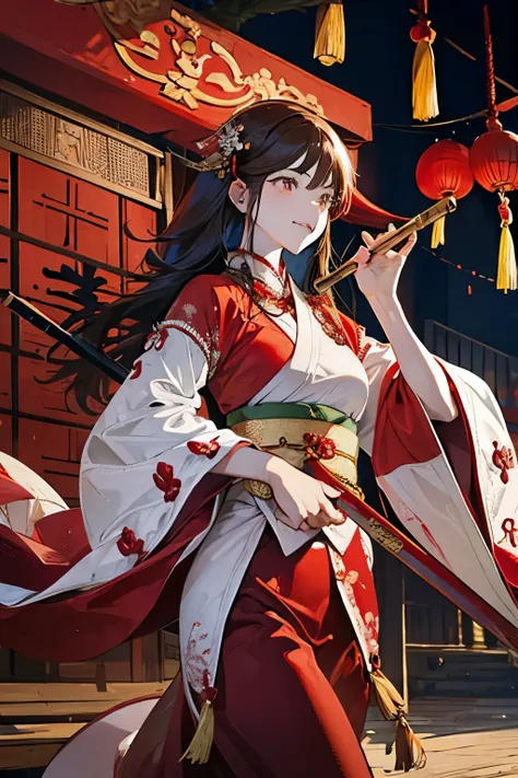 Young women in their twenties，Wearing red robe，She holds a jade flute in her right hand。
