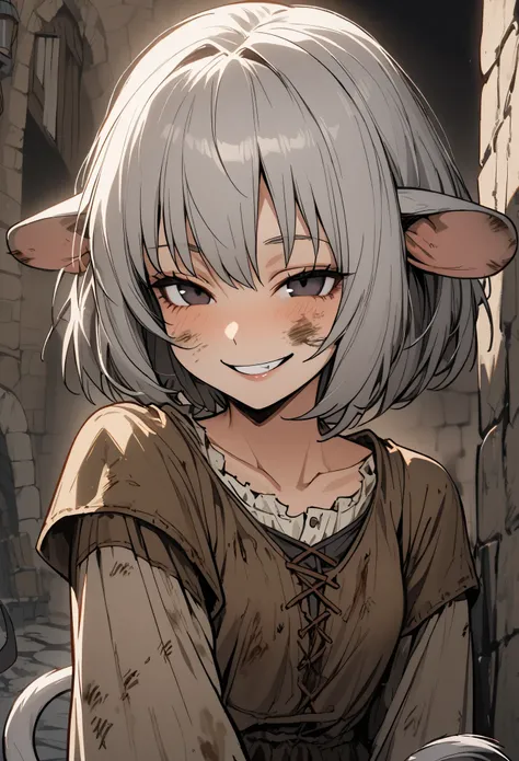 1girl, rat girl, close up, grey hair, short hair, rat ears, rat tail, black eyes, rat hands, vagrant, casual clothes, homeless, dirty clothes, cheeky smile, medieval, 