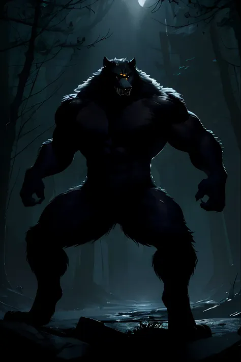 a towering 8-foot tall werewolf with a muscular, imposing build. the creature's fur is pitch black, sleek yet wild, catching the...