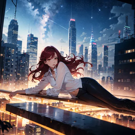 octans, sky, star (sky), scenery, starry sky, night, 1girl, night sky, solo, outdoors, building, cloud, comets, milky way, lying down, long red hair, white transparent shirt, golden eyes, short pants, sexy, city, silhouette, cityscape, amazing and detailed...