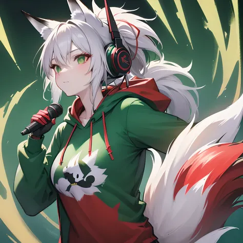 a facial close up of exactly one anthropomorphic red fox wearing a green hoodie and headphones in a cartoony style, detailed facial features, ultra-detailed, 8k, highres, masterpiece, cinematic lighting, vibrant colors, dynamic pose, whimsical, fantasy, di...