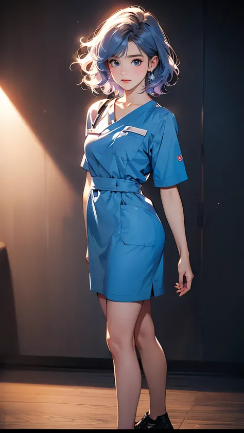 ((Masterpiece)), envision a 8k, highres, cinematic, extremely beautiful semi realistic full body pinup of a beautiful mature lady with a strong face, slender body, , sweet face, nurse scrubs, short hair, ((short wavy blue hair)), blush, smile, flustered, s...