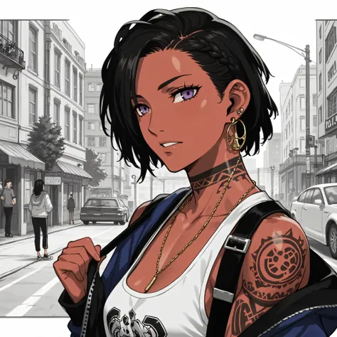 la cousine, Yusuke Murata style,young woman with red skin but black hair cut in a braided bob ,african braid,and purple eyes puts on a streetwear . Athletic body , muscular arms,She is tall,earrings, street tattoos , she walks downtown 
, New York city,ske...