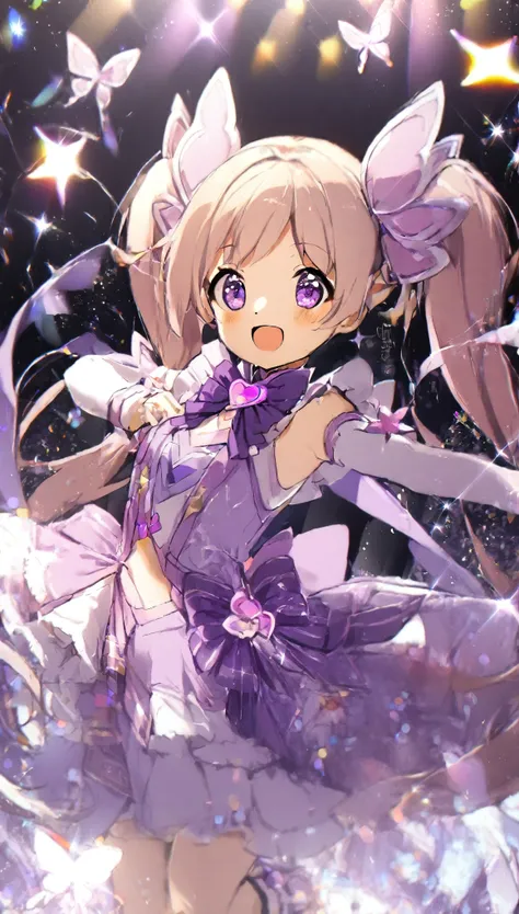 (1 girl:1.5)、Purple Magical Girl、(Long twin tails)、Ruffled Skirt、Purple ribbon、flower、Lots of purple butterflies々、Sparkling、lame、Glitter、White Feather、(Dancing)、smile