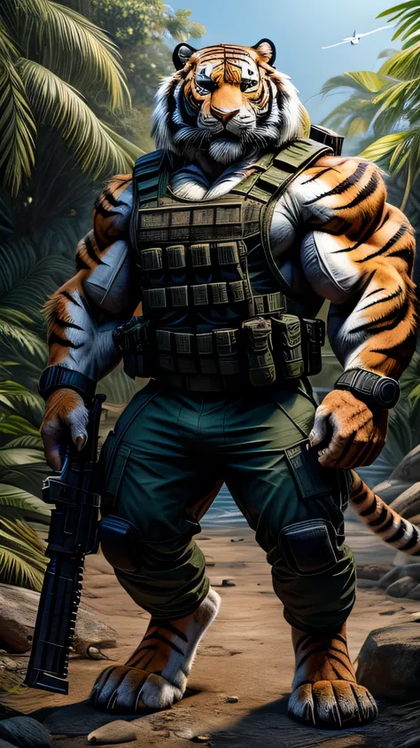 an extremely muscular siberian tiger, standing, with huge muscles bulging under his tactical vest, holding an assault rifle with...