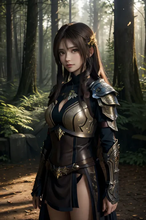 Anime style illustration, man with straight brown hair, brown eyes, wearing armor with intricate designs and a large shield, proportionate hands, amidst ruined structures enveloped by a forest at dawn, bathed in the soft glow of the morning sun, 4k resolut...