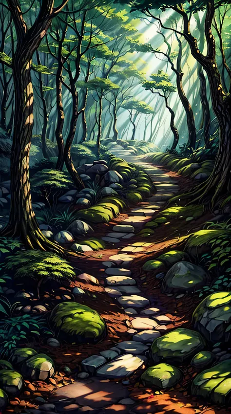  A stone path winding through a shaded forest, with moss covering the rocks and tree trunks. Sunbeams filter through the canopy, creating a serene, quiet atmosphere.