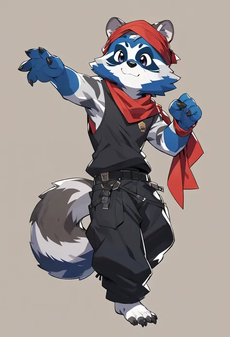 Furry raccoon, blue fur, solo boy, raccoon tail, short, dressed like a thief, ((short)), full body, black vest, black baggy pants, barefoot, wearing a red bandana, mischievous look