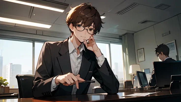 Alone、High image quality、Young Man、Single、Beautiful、Chestnut-colored fluffy hair、Short Hair、Wearing thin round glasses、Smart and stylish、2 boy、Friendly atmosphere、intellectual、Casual clothing、Bright expression、Morning at the office、urban room、modern