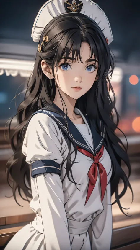 ((Masterpiece)), envision a 8k, highres, cinematic, extremely beautiful semi realistic close up portrait of a beautiful mature lady with a strong face, slender body, , sweet face, sailor uniform ,  ((long wavy black hair)), blush, smile, flustered, side lo...