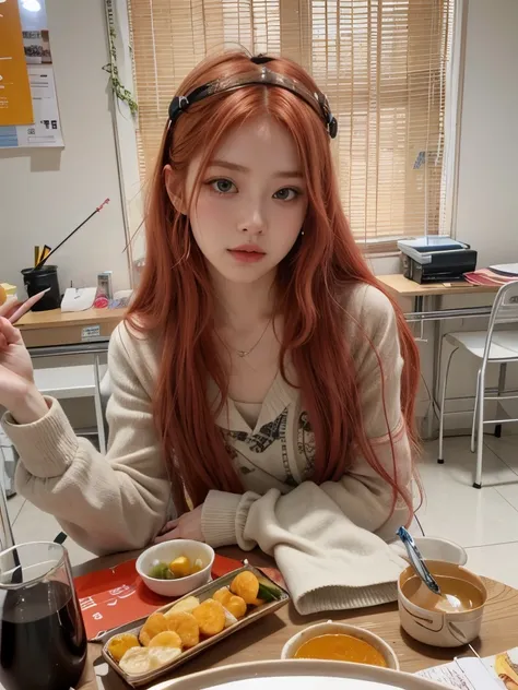 Blackpink rose, Red hair, soft leather, big eyes, pale skin, long Red hair, Realistic style