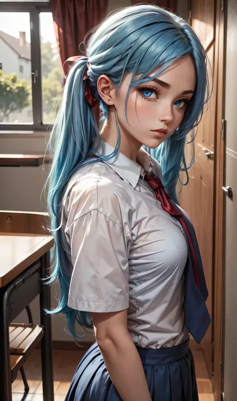 Woman with blue hair and red eyes wearing school clothes at home 