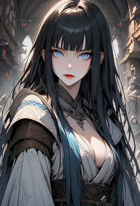 solo, female, hime cut, black hair, icy blue eyes, western clothes, Japanese inspiration, yuki-onna, close up, impassive, beautiful, medieval, fantasy, elegant, long straight hair, small cleavage, inn, very pale, wealthy, pariah