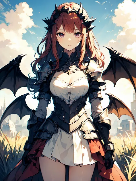 masterpiece, concept art, cowboy shot, centered, 1girl, kawaii dragon knight, dragon wings, red hair, violet eye, wavy long hair...