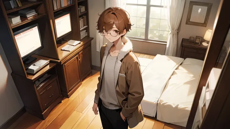 Alone、High image quality、Young Man、Single、Beautiful、Chestnut-colored fluffy hair、Short Hair、Wearing thin round glasses、Smart and stylish、2 boy、Friendly atmosphere、intellectual、Casual clothing、Serious expression、Her Room、Visit her、urban room、modern