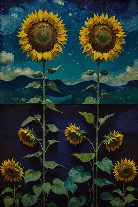 new version of the work "sunflowers" de van gogh, with a contemporary touch and darker colors like blues, purples and emerald greens, manteniendo la esencia vibrante y dinámica del estilo original de van gogh.