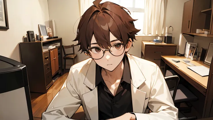 Alone、High image quality、Young Man、Single、Beautiful、Chestnut-colored fluffy hair、Short Hair、Wearing thin round glasses、Smart and stylish、2 boy、Friendly atmosphere、intellectual、Casual clothing、Serious expression、Her Room、Visit her、Nursing her、urban room、mod...