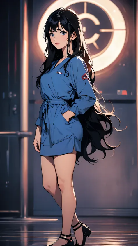 ((Masterpiece)), envision a 8k, highres, cinematic, extremely beautiful semi realistic full body pinup of a beautiful mature lady with a strong face, slender body, , sweet face, blue nurse scrubs, ((long wavy black hair)), blush, smile, flustered, side loc...