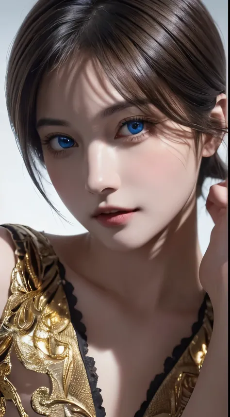 Masterpiece, top quality, ultra fine, intricate hyperdetail, realistic, sharp features, highly detailed, sharp focus, 1, perfect face, perfect symmetrical blue and delicate eyes, perfect lips, flexible female form, cinematic, ultra detailed, ultra realisti...