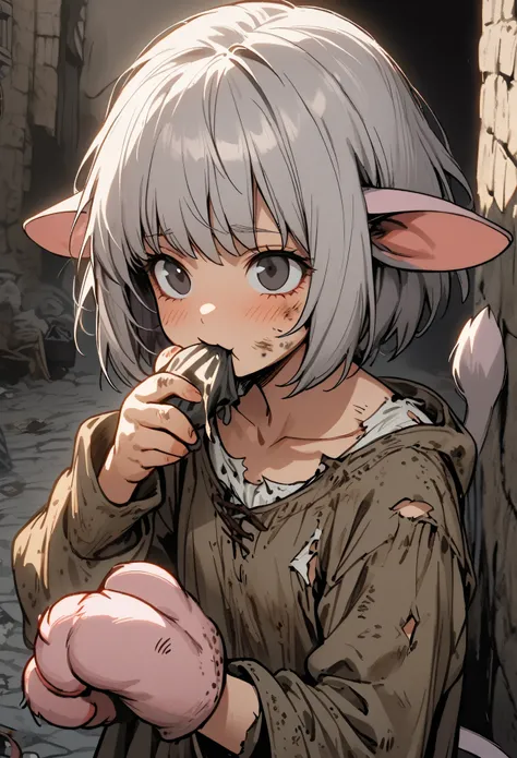 1girl, rat girl, close up, grey hair, short hair, rat ears, rat tail, black eyes, pink rat hands, vagrant, casual clothes, homeless, dirty clothes, medieval, eating trash, torn clothes, tomboy