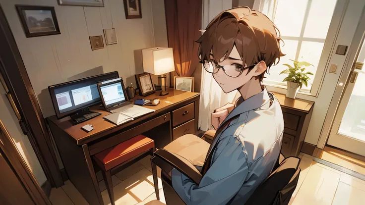 Alone、High image quality、Young Man、Single、Beautiful、Chestnut-colored fluffy hair、Short Hair、Wearing thin round glasses、Smart and stylish、2 boy、Friendly atmosphere、intellectual、Casual clothing、Serious expression、Her Room、Her visit、Nursing her、urban room、mod...