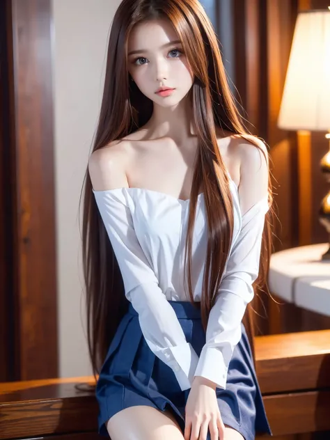 Red long hair,front hair,hair between eyes,Brown eyes, long hair, skirt, shirt, Bare shoulders, ,  miniskirt, blue skirt,Shiny,hair,((Alone)),((masterpiece)),((Best Quality)),Perfect Anatomy,Slim waist,Perfect image,8K Ultra HD,(Beautiful eyes in detail:1....