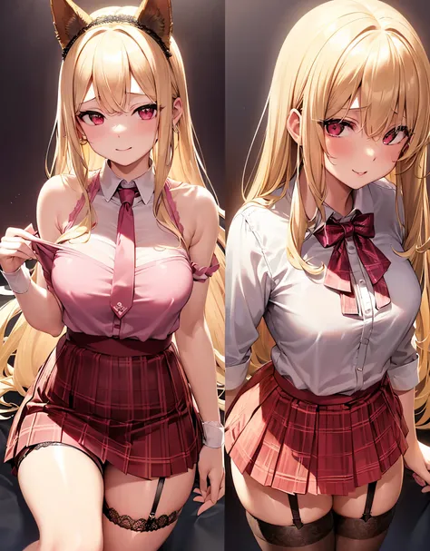 pretty sexy girl,shiny gold platinum blonde hair, medium hair,curly hair、Dog ears、red eyes、((Droopy eyes)),small breasts,playful smile,collared shirt, necktie,lace-trimmed legwear, garter belt, garter straps, fishnet legwear,(lace panties,pink panties:1.2)...